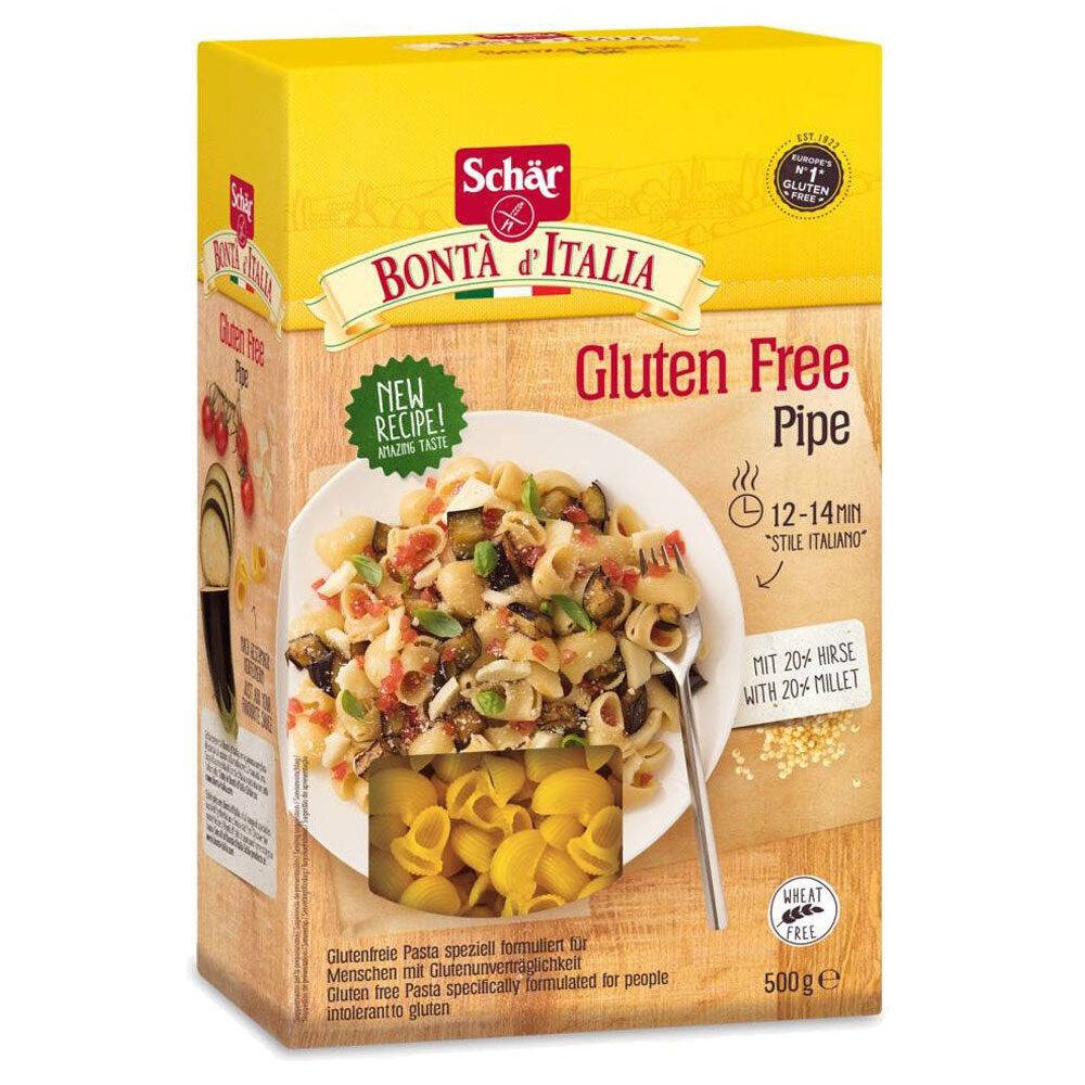 Boîte de pâtes Schär Gluten Free Pipe. Inscription : Sans gluten, Bonta d'Italia, 500g. Illustration de pâtes avec légumes.