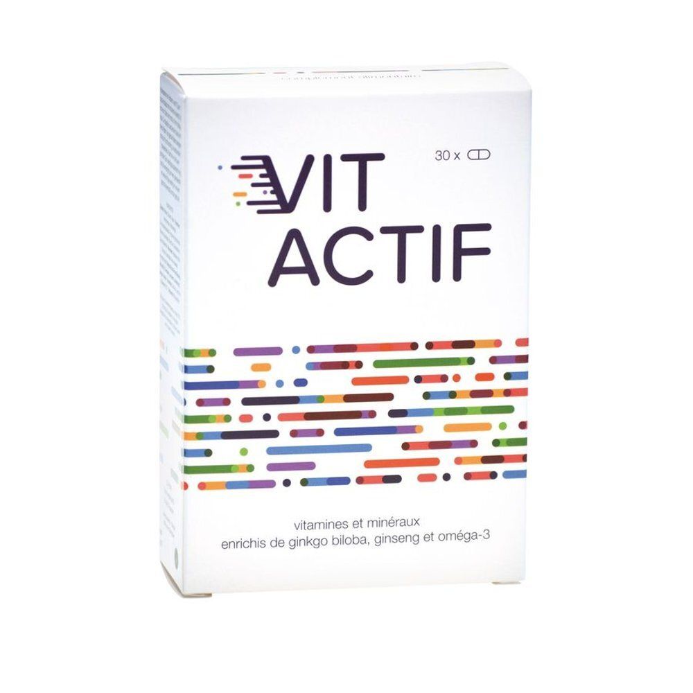 Boîte blanche "VIT ACTIF" avec 30 capsules. Inscription: vitamines et minéraux enrichis en ginkgo biloba, ginseng et oméga-3.