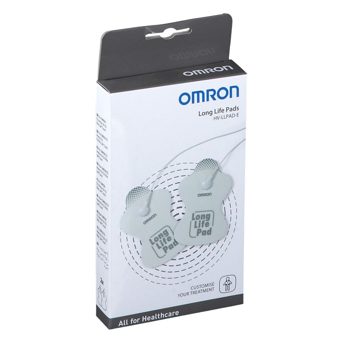 Boîte OMRON Long Life Pads HV-LLPAD-E. Deux électrodes sont visibles. Le logo OMRON et le nom du produit sont imprimés.