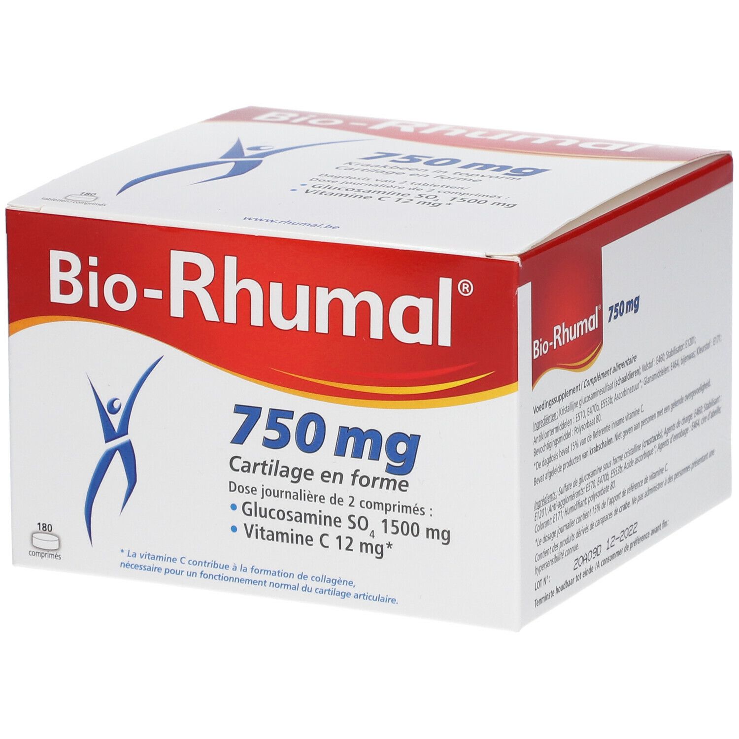 Boîte blanche et rouge "Bio-Rhumal 750 mg". Contient 180 comprimés. Inscription: Glucosamine, Vitamine C. Cartilage en forme.