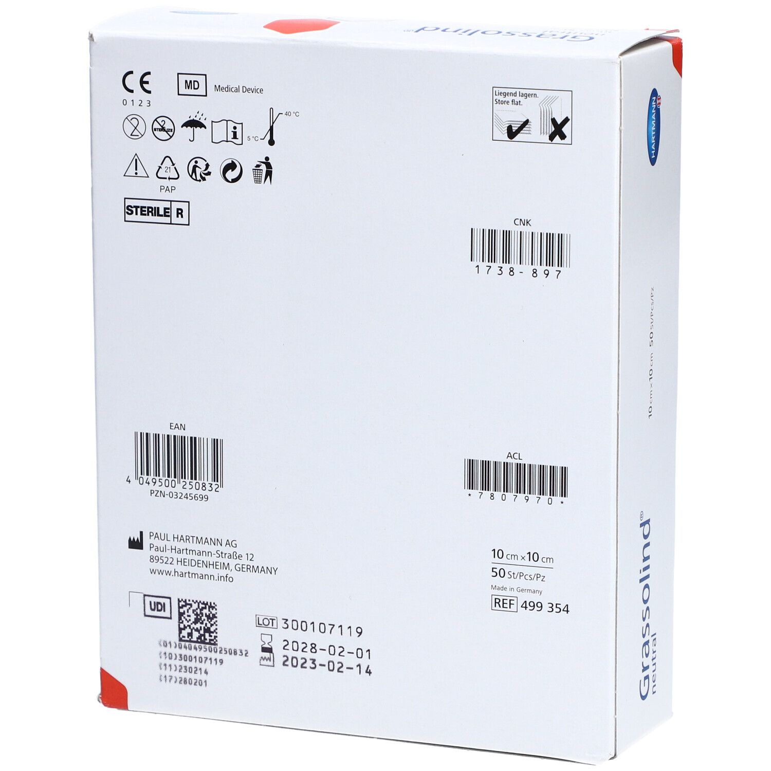 Dos de la boîte Grassolind neutral. Informations : numéro de lot, date de péremption, fabricant.