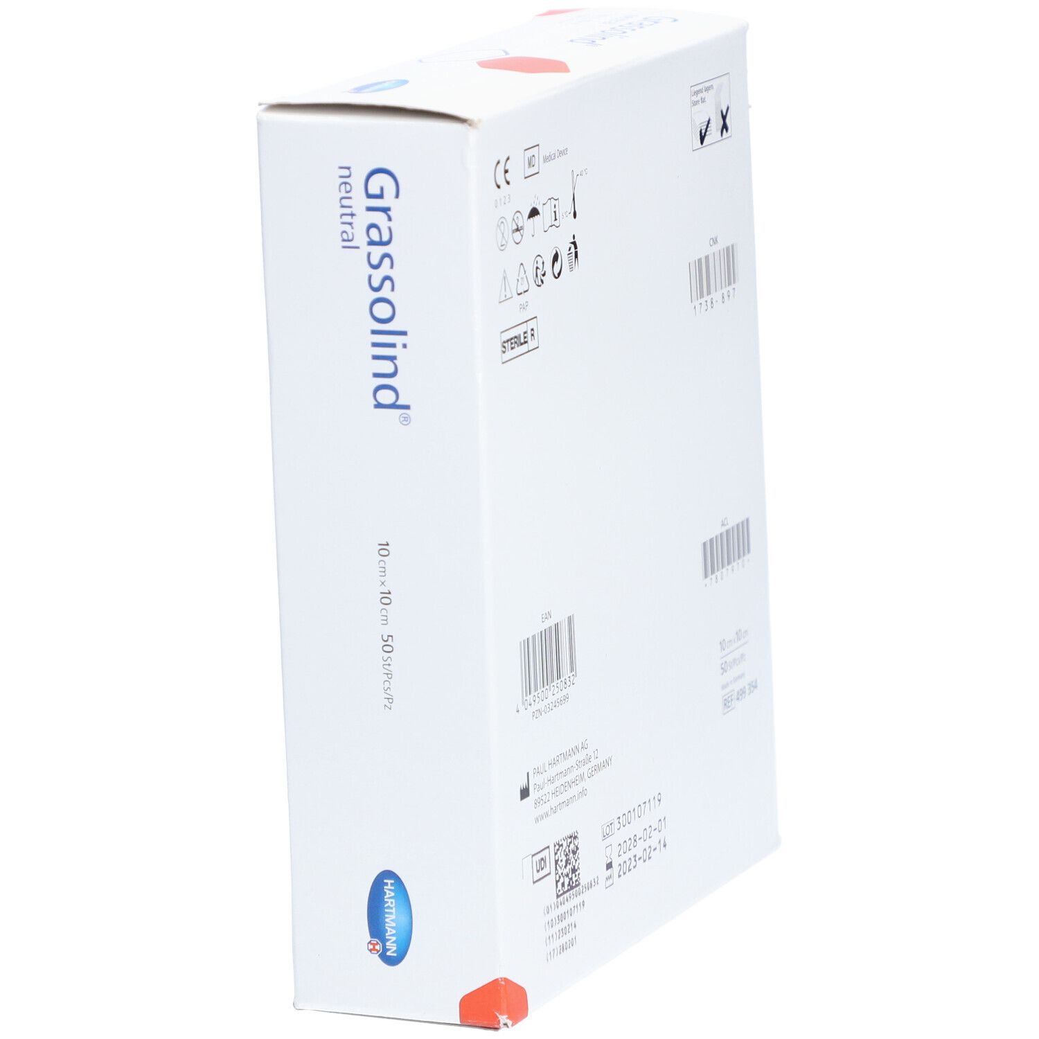 Vue latérale de la boîte Grassolind neutral. Informations et logos. Dimensions 10x10cm, 50 pièces.