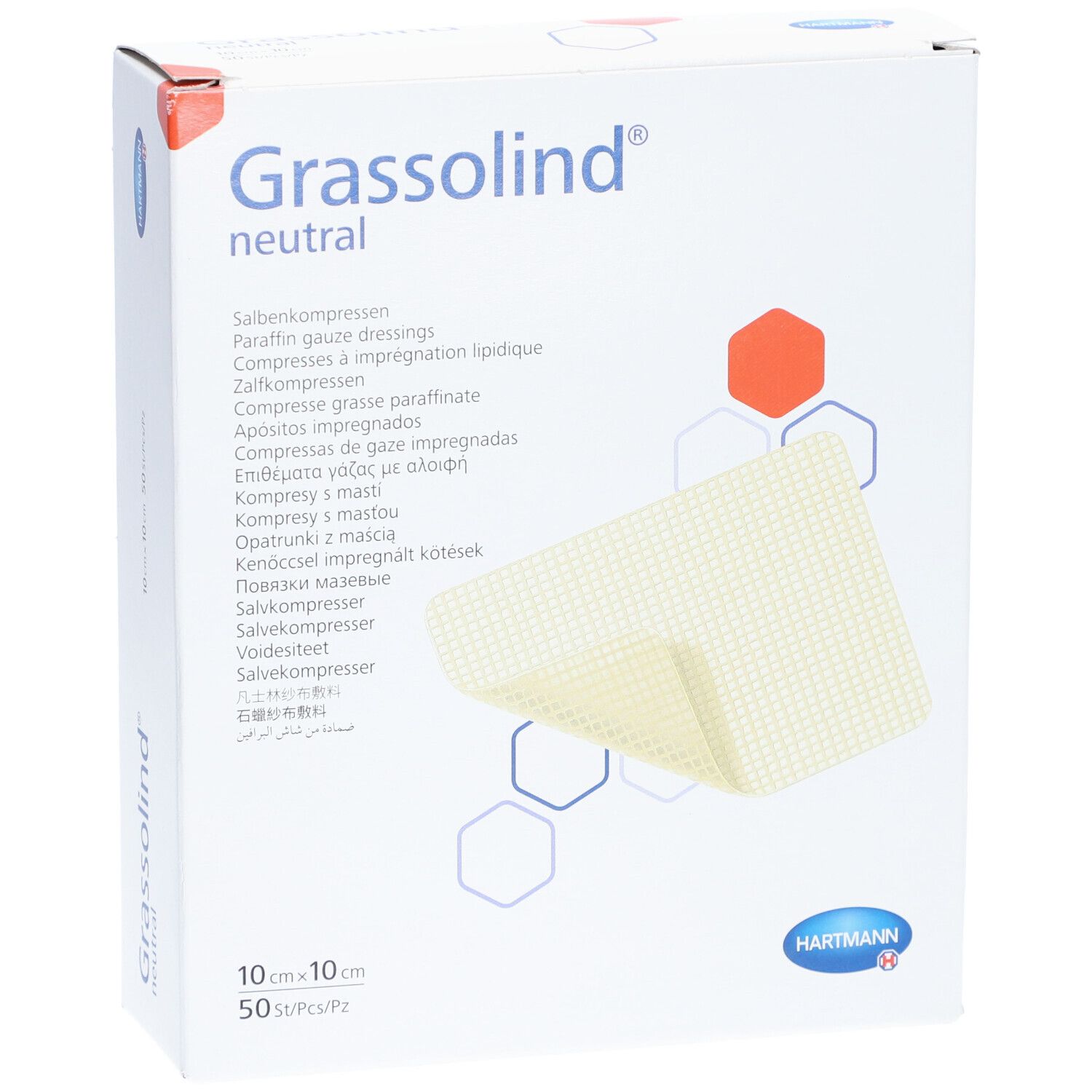 Boîte de Grassolind neutral. Compresses imprégnées. Dimensions 10x10cm, 50 pièces. Logo Hartmann.