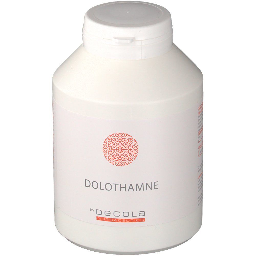 Flacon blanc avec bouchon à vis. Inscription "Dolothamne" et logo. Marque: Decola. Cercle rouge avec ornements.