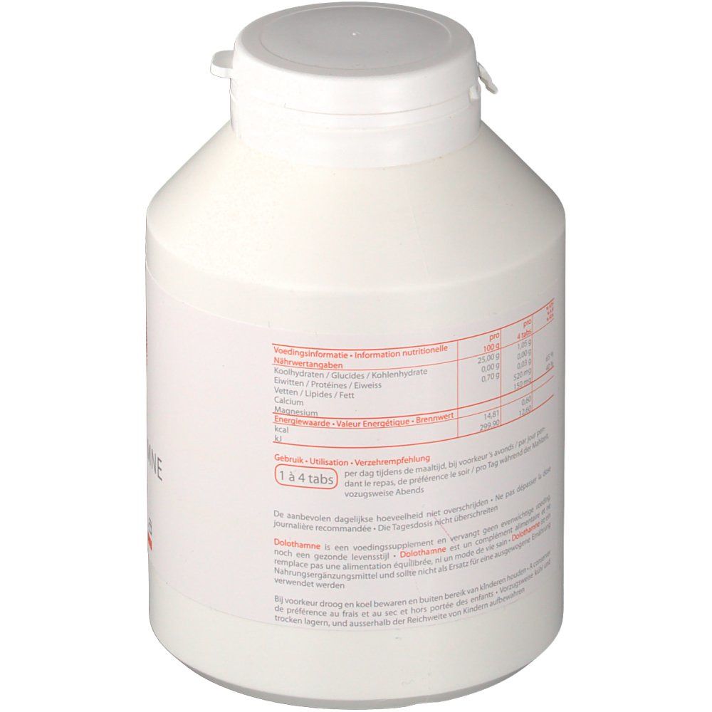 Flacon blanc avec bouchon à vis. Autocollant avec informations nutritionnelles et texte. "Dolothamne" et "1 à 4 tabs".