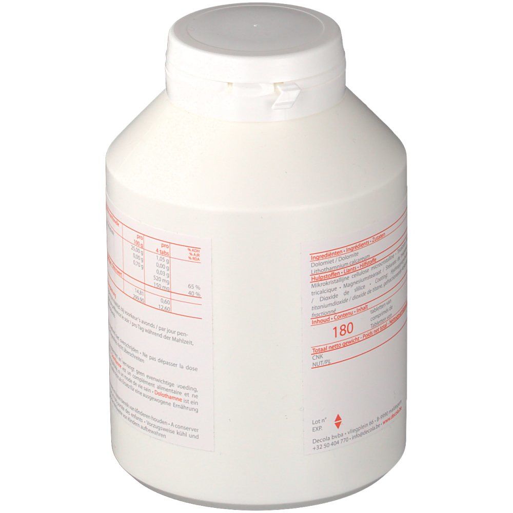 Flacon blanc avec bouchon à vis. Autocollant avec informations nutritionnelles et texte. "Dolothamne". 180 comprimés.