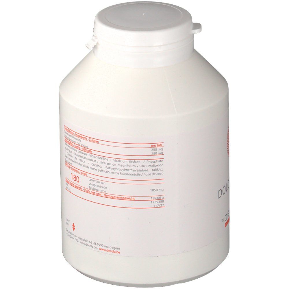 Flacon blanc avec bouchon à vis. Autocollant avec informations nutritionnelles et texte. "Dolothamne". 180 comprimés.