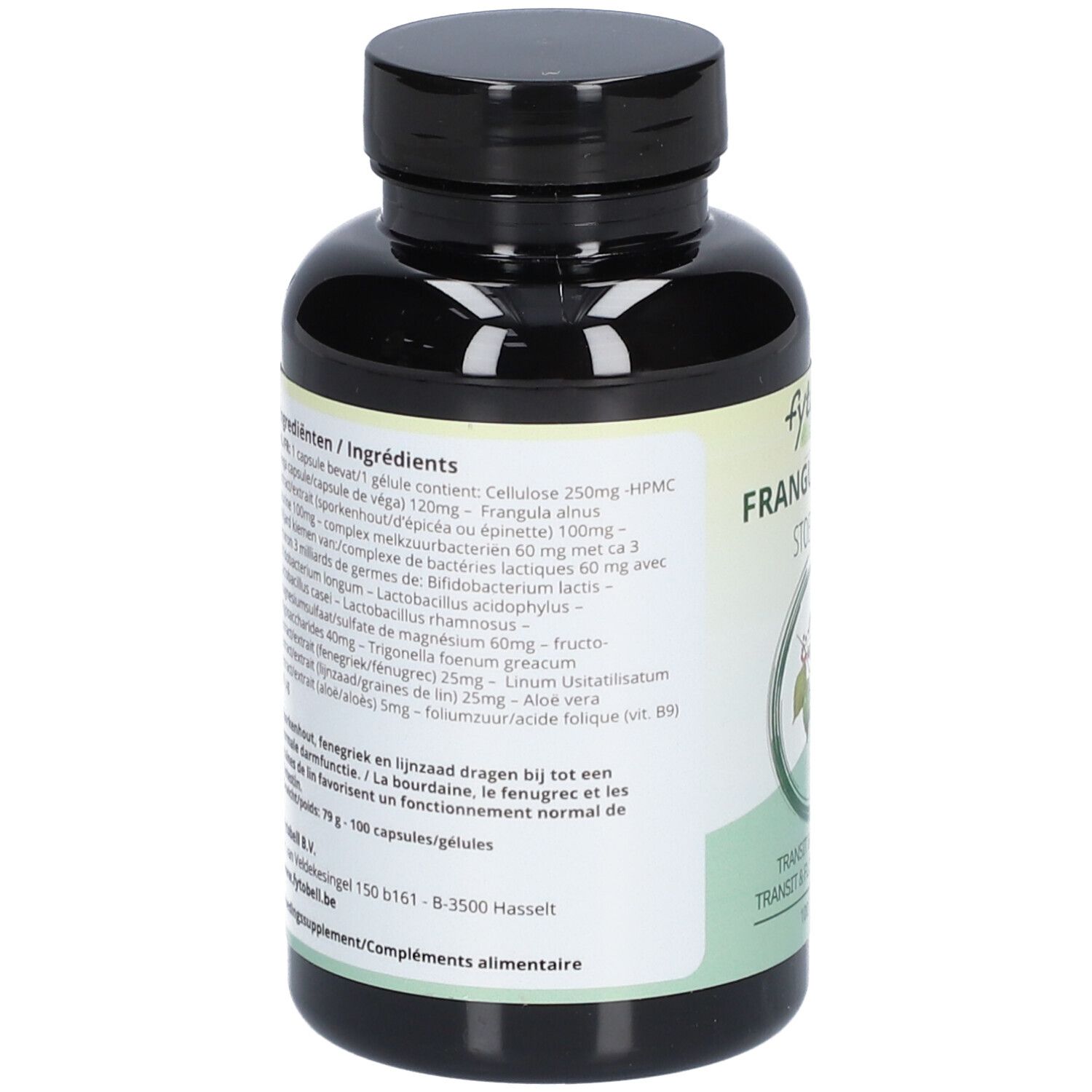 Dos du flacon avec ingrédients. Texte en néerlandais et français. Inscription: Fytobell Frangulabiose.