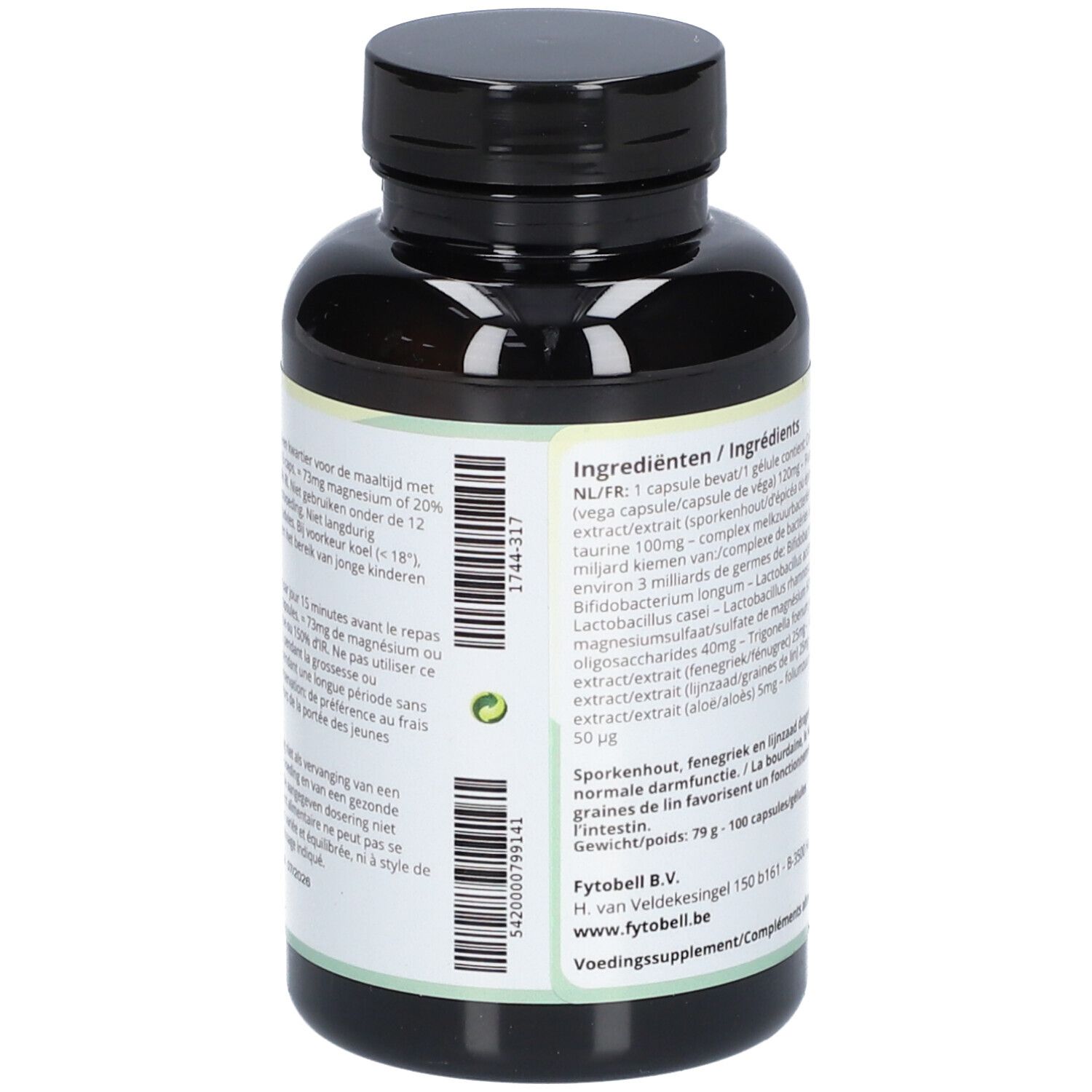 Dos du flacon avec ingrédients. Texte en néerlandais et français. Inscription: Fytobell Frangulabiose.