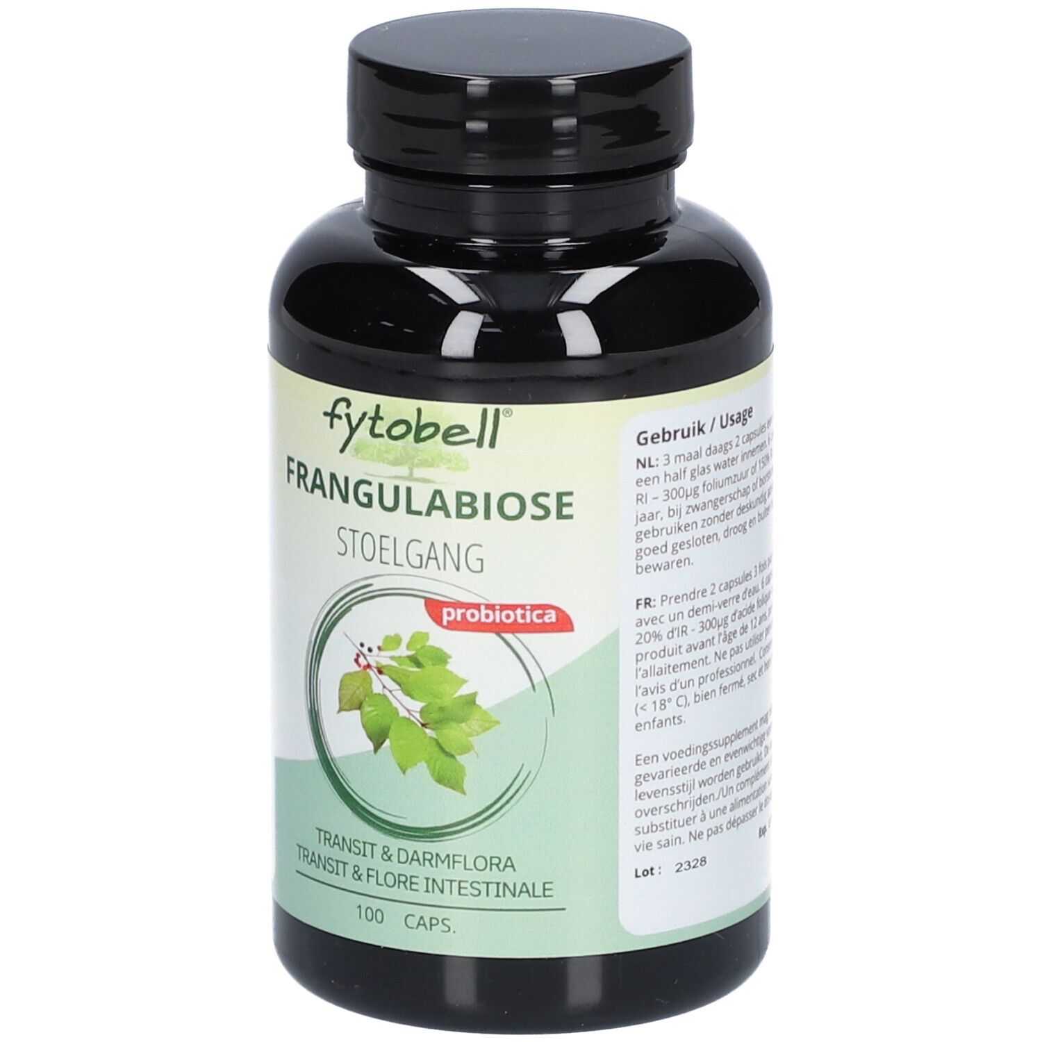 Flacon noir de gélules. Inscription: Fytobell Frangulabiose, 100 gélules. Étiquette verte et blanche avec des feuilles.