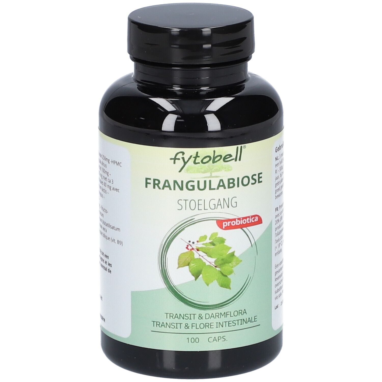 Flacon noir de gélules. Inscription: Fytobell Frangulabiose, 100 gélules. Étiquette verte et blanche avec des feuilles.