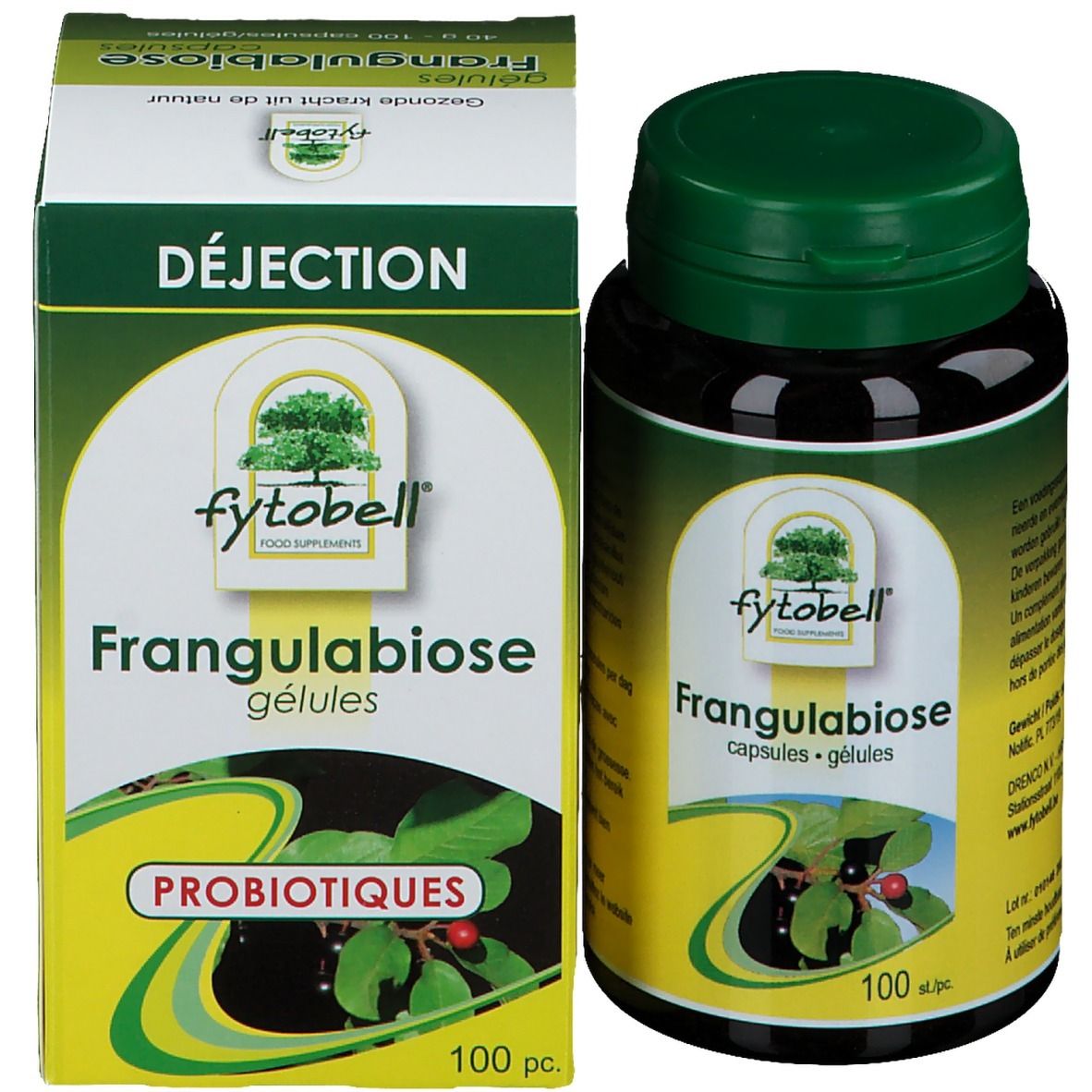 Emballage du produit avec flacon et boîte. Inscription: Fytobell Frangulabiose, 100 gélules. Boîte verte.