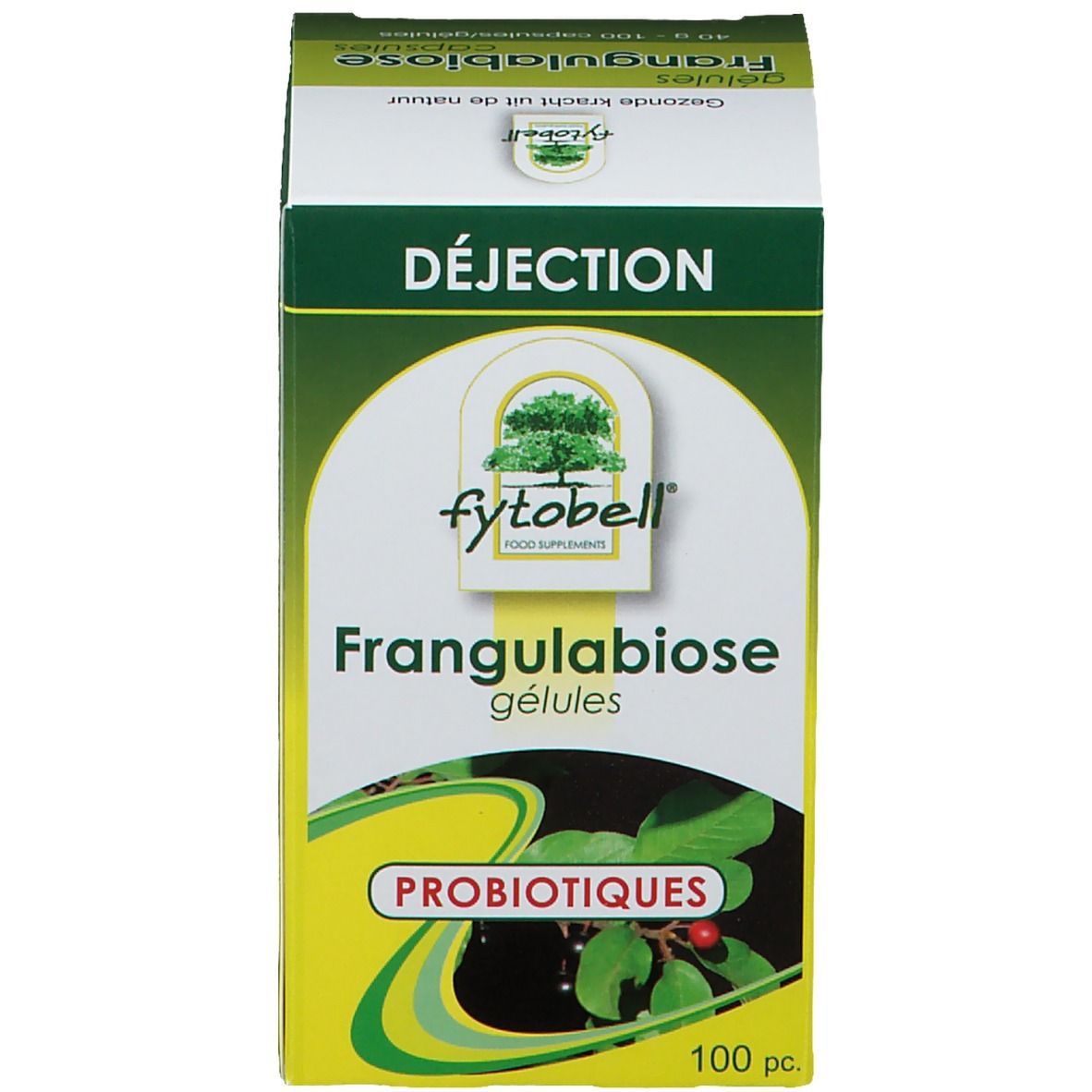 Emballage du produit avec boîte. Inscription: Fytobell Frangulabiose, 100 gélules. Boîte verte.