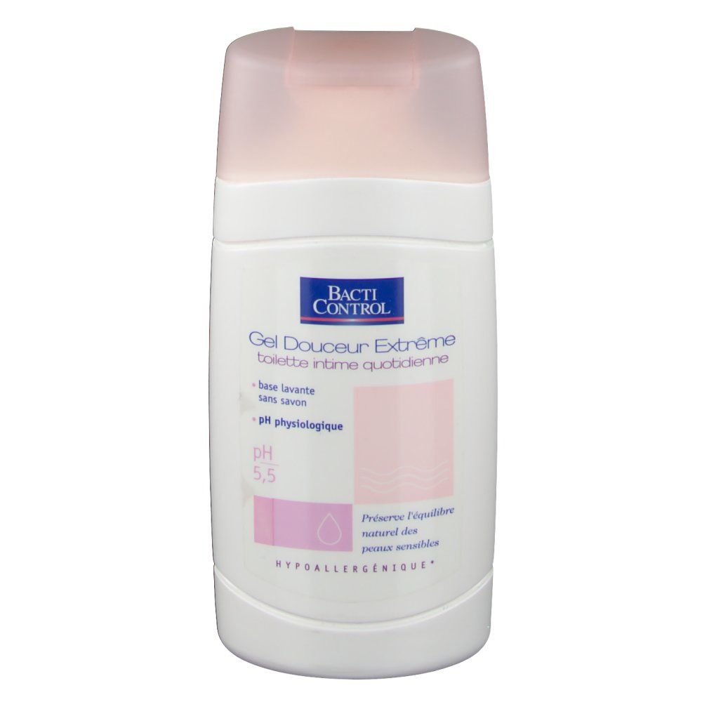 Flacon blanc avec bouchon rose. Inscription: Bacti Control, Gel Douceur Extrême. pH 5,5. Hypoallergénique.