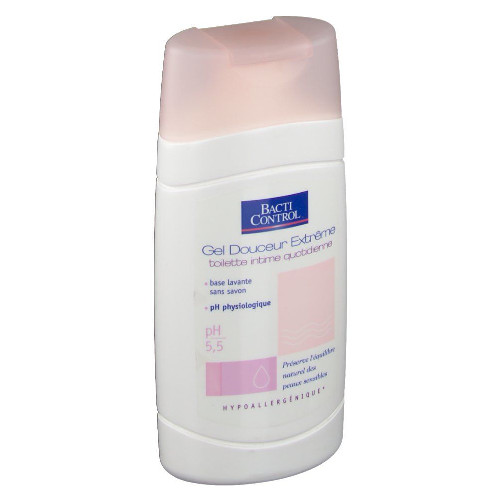 Flacon blanc avec bouchon rose. Inscription: Bacti Control, Gel Douceur Extrême. pH 5,5. Hypoallergénique.