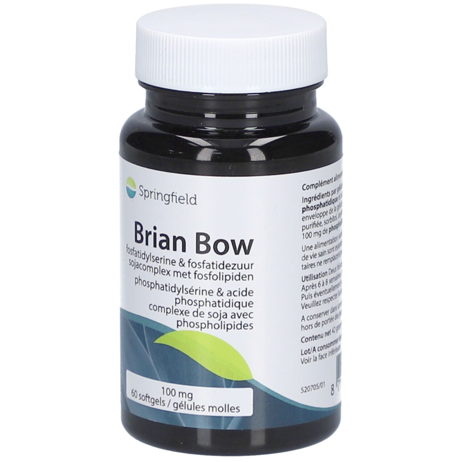 Flacon noir avec bouchon blanc. Inscription: Springfield Brian Bow Pas-Cplx 100 mg. 60 gélules. Nom du produit et logo.