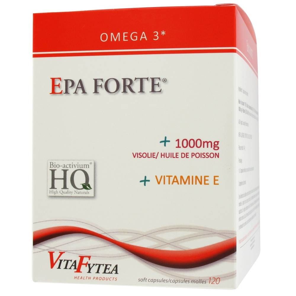 Boîte de EPA Forte. Inscriptions: Omega 3, 1000mg, Vitamine E, VitaFytea. Label HQ. 120 capsules.