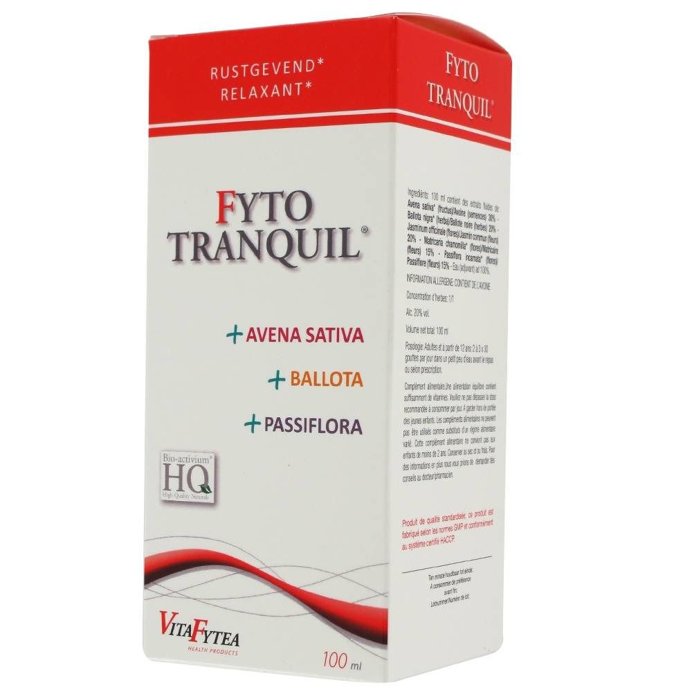 Boîte en carton "FYTO TRANQUIL". Contient "AVENA SATIVA", "BALLOTA" et "PASSIFLORA". Marque VitaFytea. 100 ml.