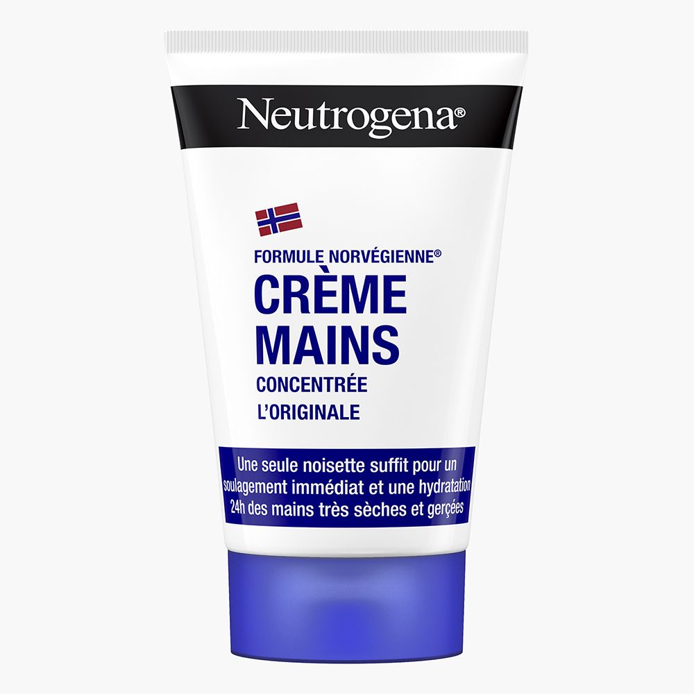Tube blanc et bleu. Neutrogena Crème Mains concentrée. Formule Norvégienne. Texte.