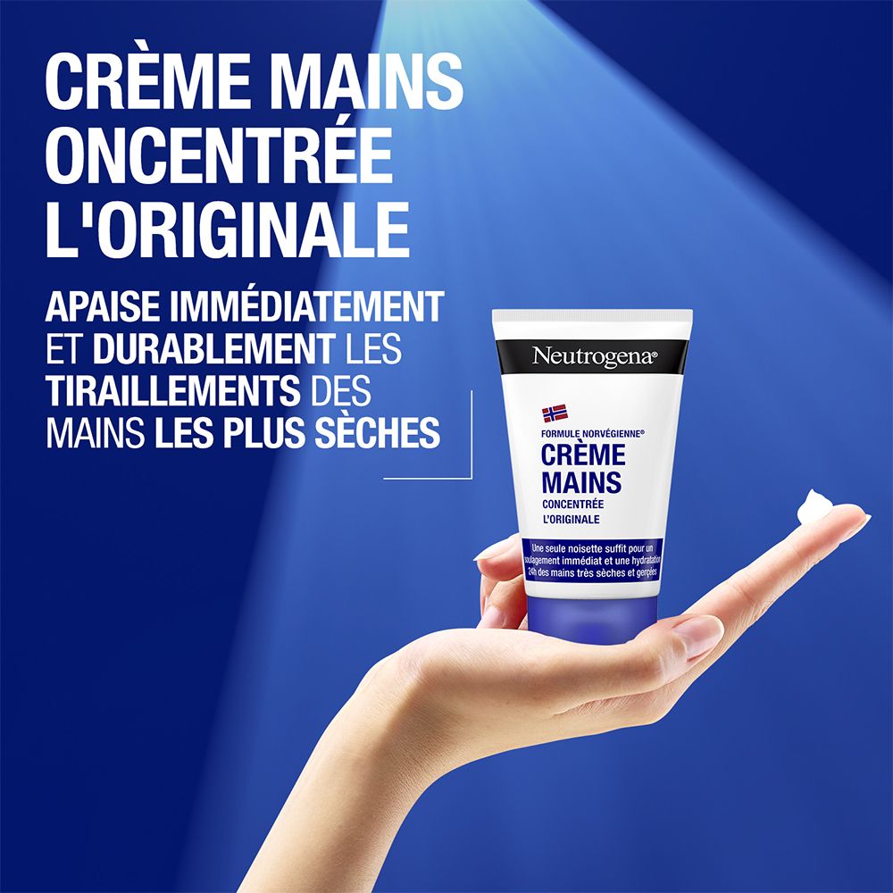 Main avec crème. Neutrogena Crème Mains concentrée. Texte. Fond bleu.