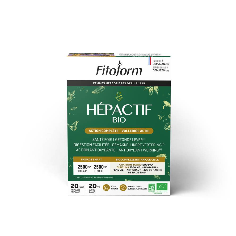 Emballage Fitoform Hepactif Bio. Texte : Hépactif Bio, Action Complète, Santé Foie. Avec labels UE. 20 gélules.