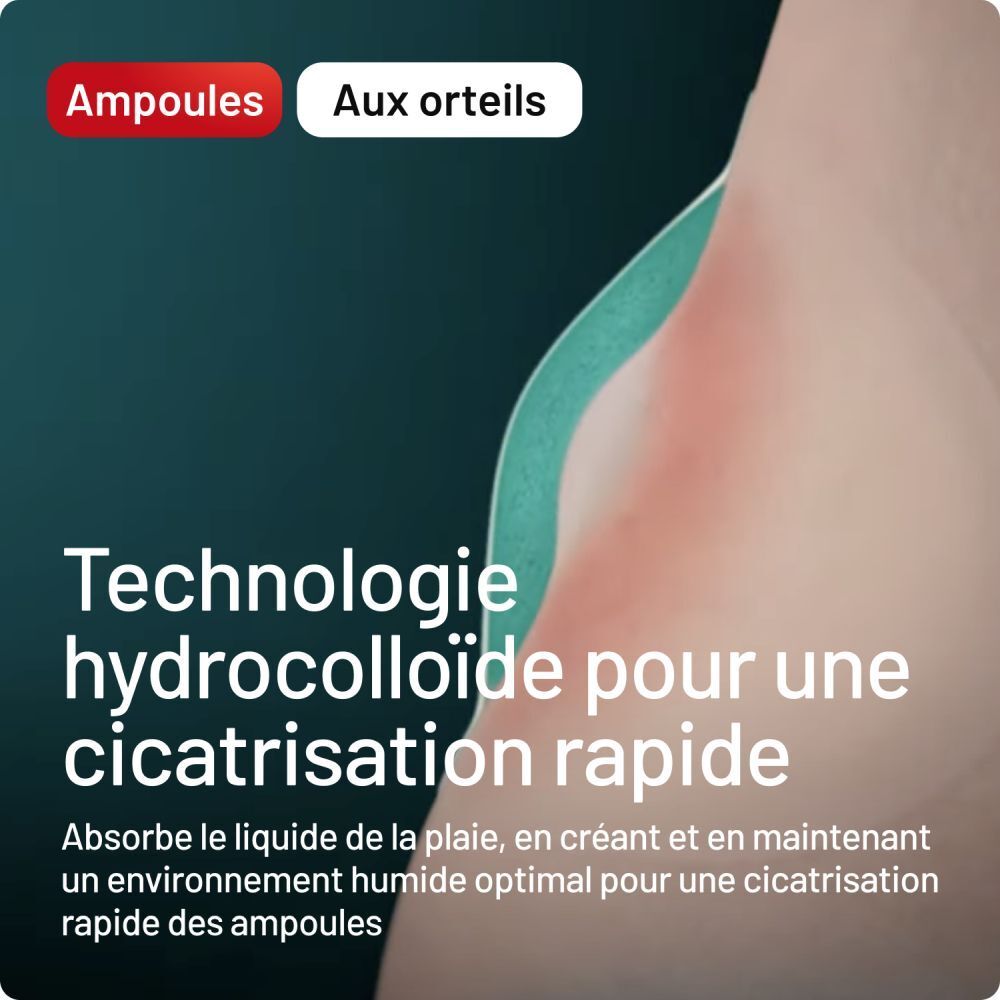 Gros plan d'une ampoule cutanée avec un pansement Compeed. Texte: Technologie hydrocolloïde.