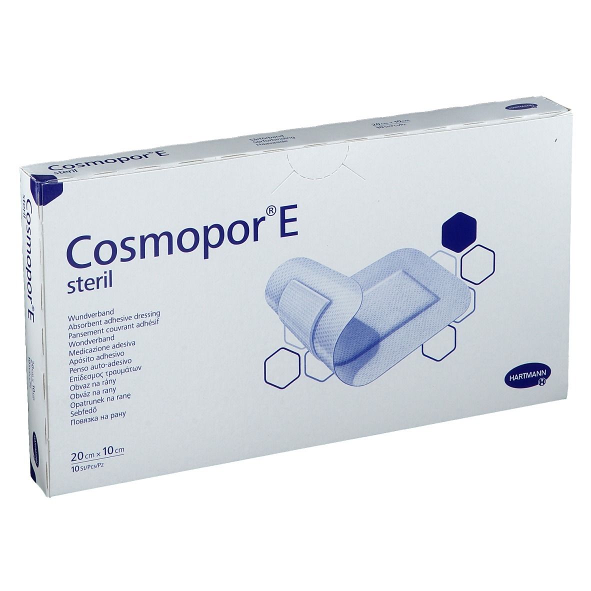Boîte de Cosmopor® E stérile, 20 x 10 cm. Inscription : Pansement adhésif absorbant, logo Hartmann. Vue du pansement.