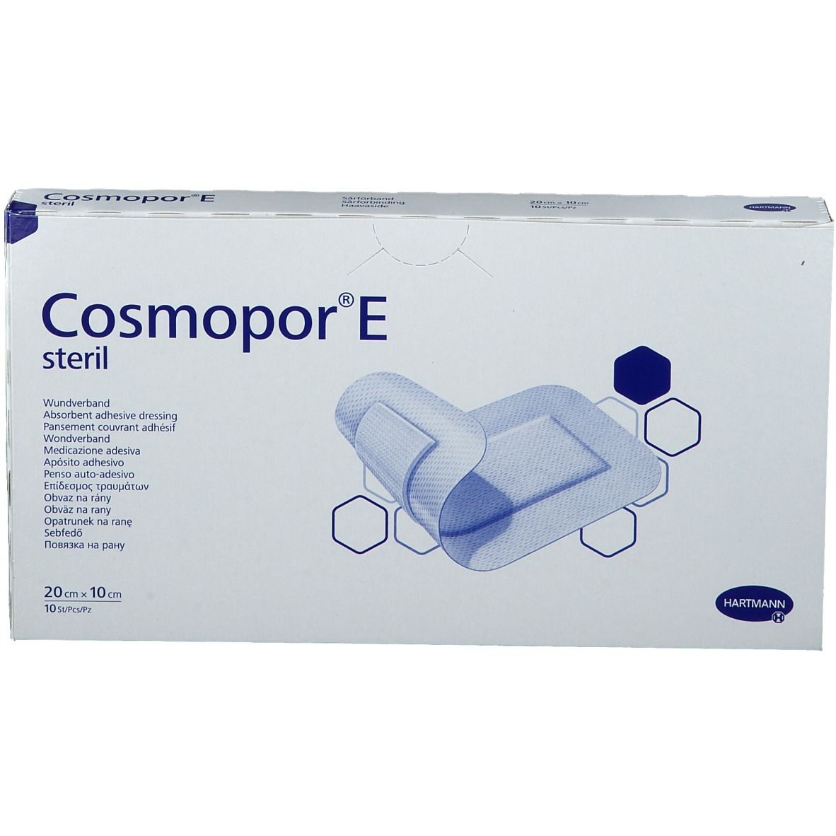 Boîte de Cosmopor® E stérile, 20 x 10 cm. Inscription : Pansement adhésif absorbant, logo Hartmann. Vue du pansement.