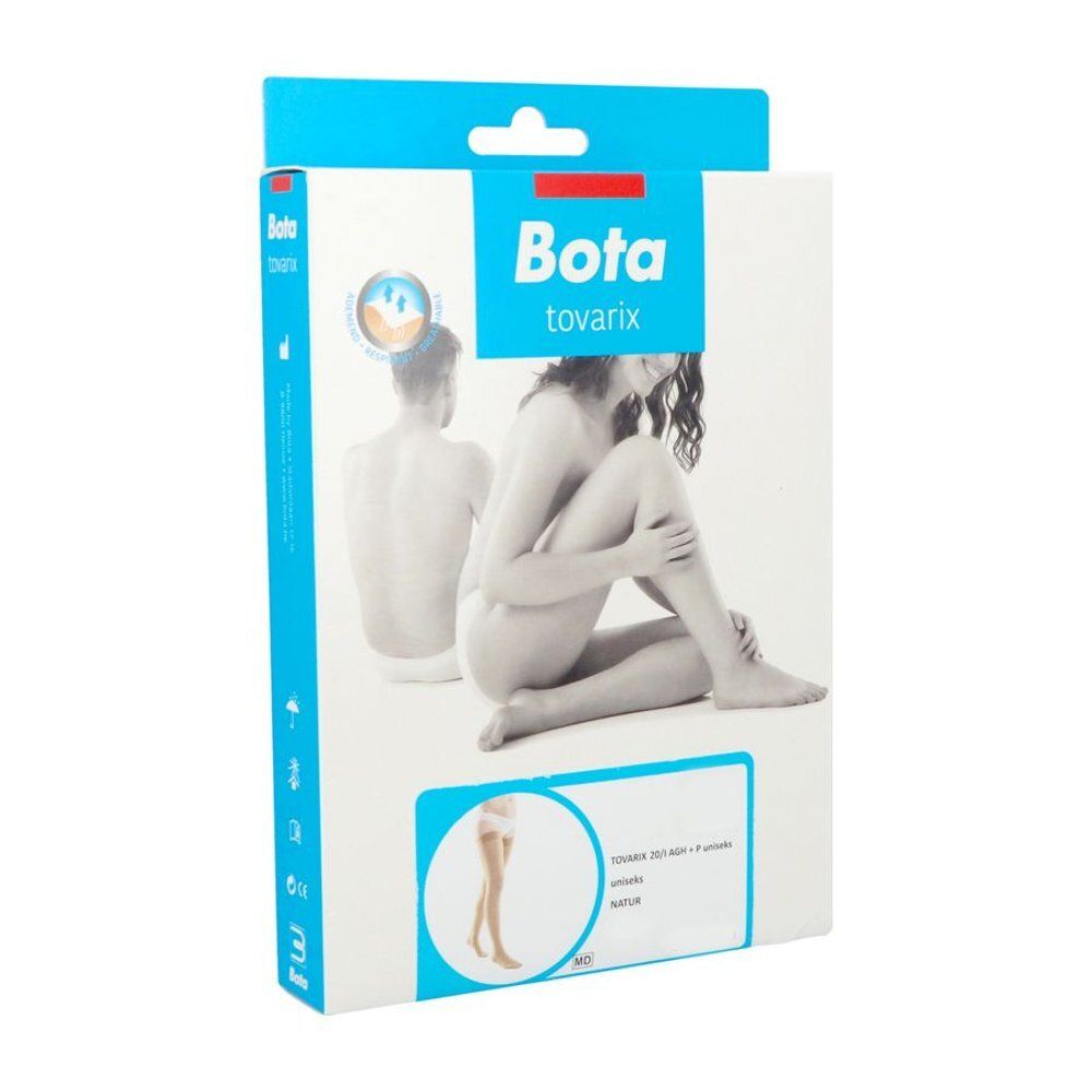 Emballage de Bota tovarix. L'emballage présente une femme portant des bas. Le nom du produit, la taille et la couleur sont indiqués.