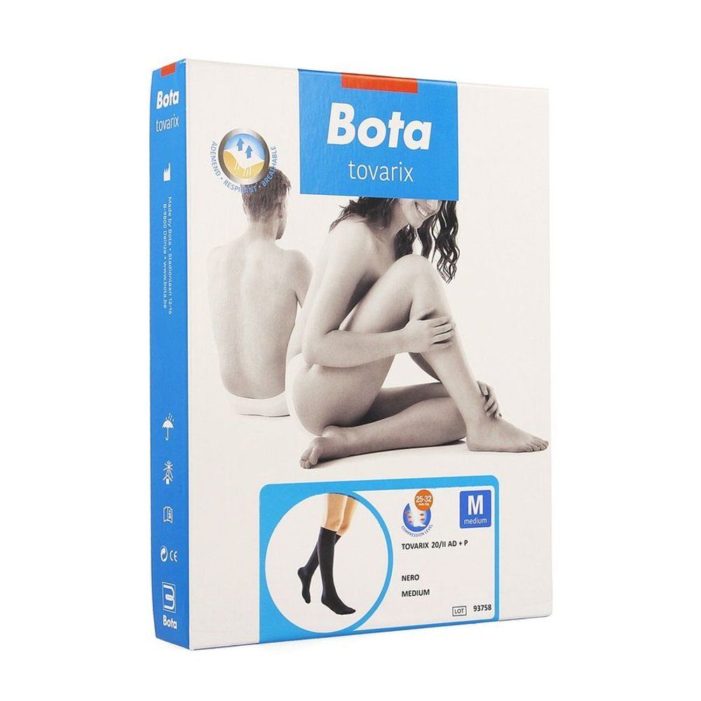 Boîte de Bota Tovarix 20/II AD +P Nero Medium. Image d'une femme et d'un homme. Bas de compression noirs.
