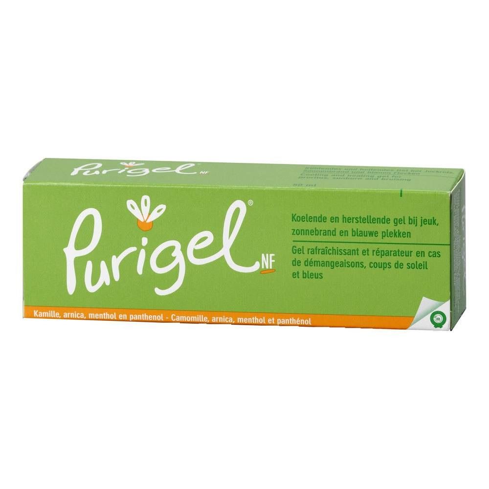 Boîte verte avec le nom Purigel. Texte blanc et vert. Contient des informations sur les ingrédients et les zones d'application.