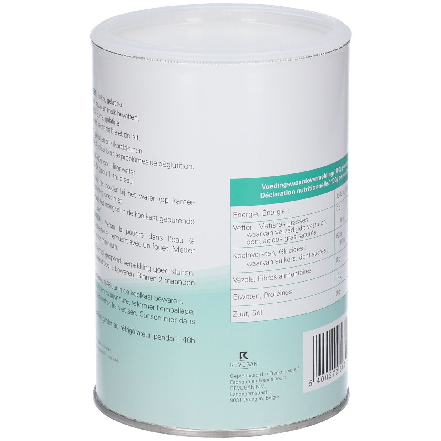 Boîte cylindrique avec texte. Impression avec instructions et informations nutritionnelles. Code-barres en bas. Fond blanc.