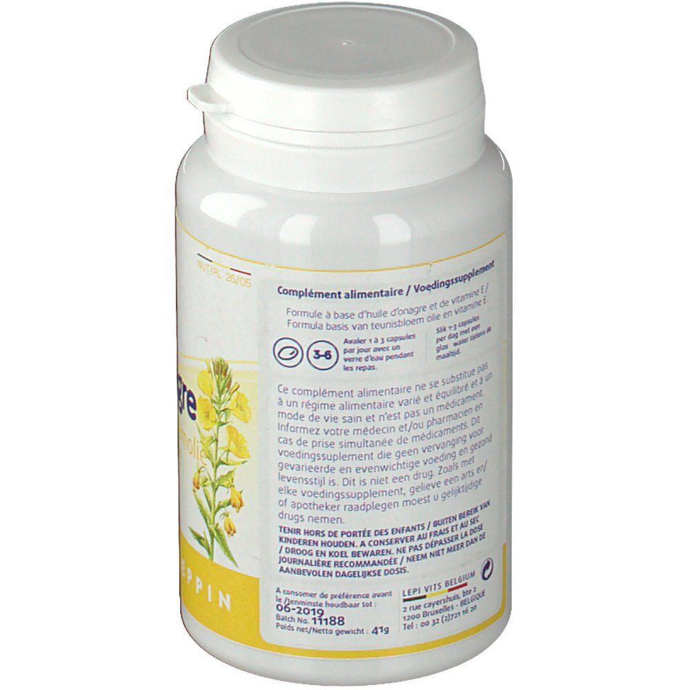 Dos du flacon blanc avec texte. Étiquette avec informations. Couvercle avec fermeture à rabat.