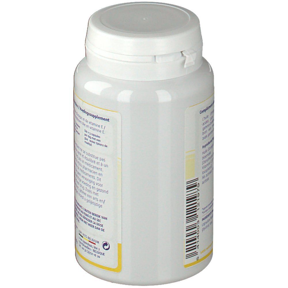 Vue latérale du flacon blanc avec couvercle. Texte sur l'étiquette. Fermeture à rabat.