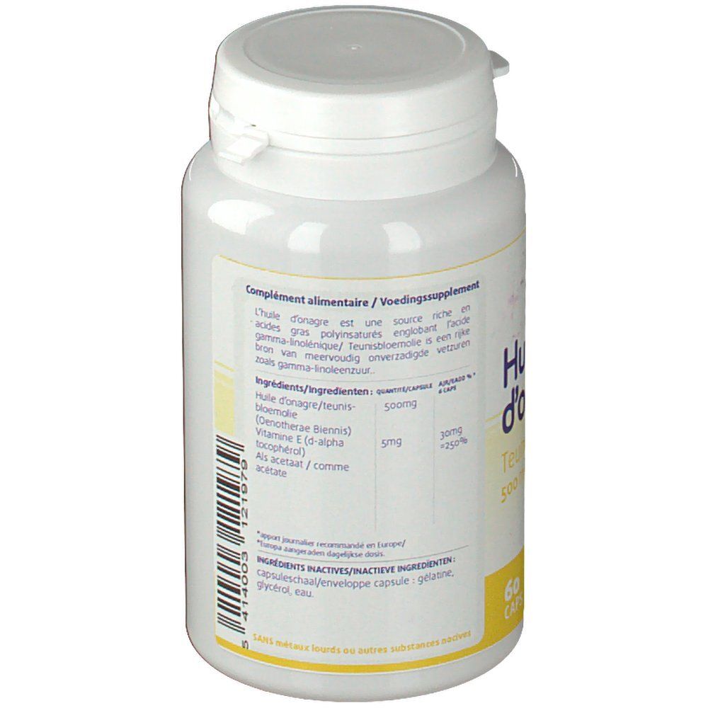 Dos du flacon blanc avec texte. Étiquette avec ingrédients et informations. Couvercle.