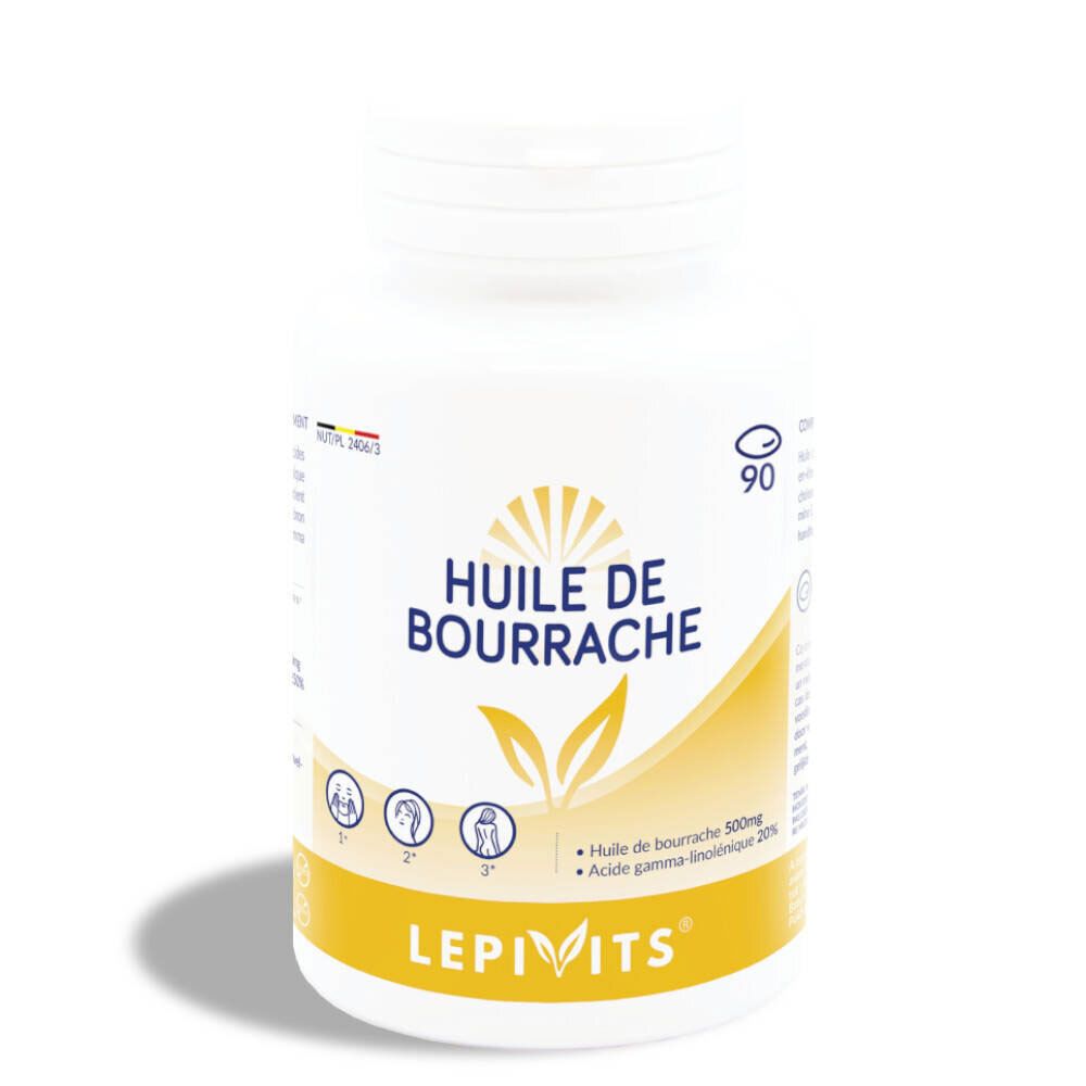 Flacon blanc de gélules. Inscription: Huile de Bourrache. Étiquette jaune avec logo et texte. 90 gélules.