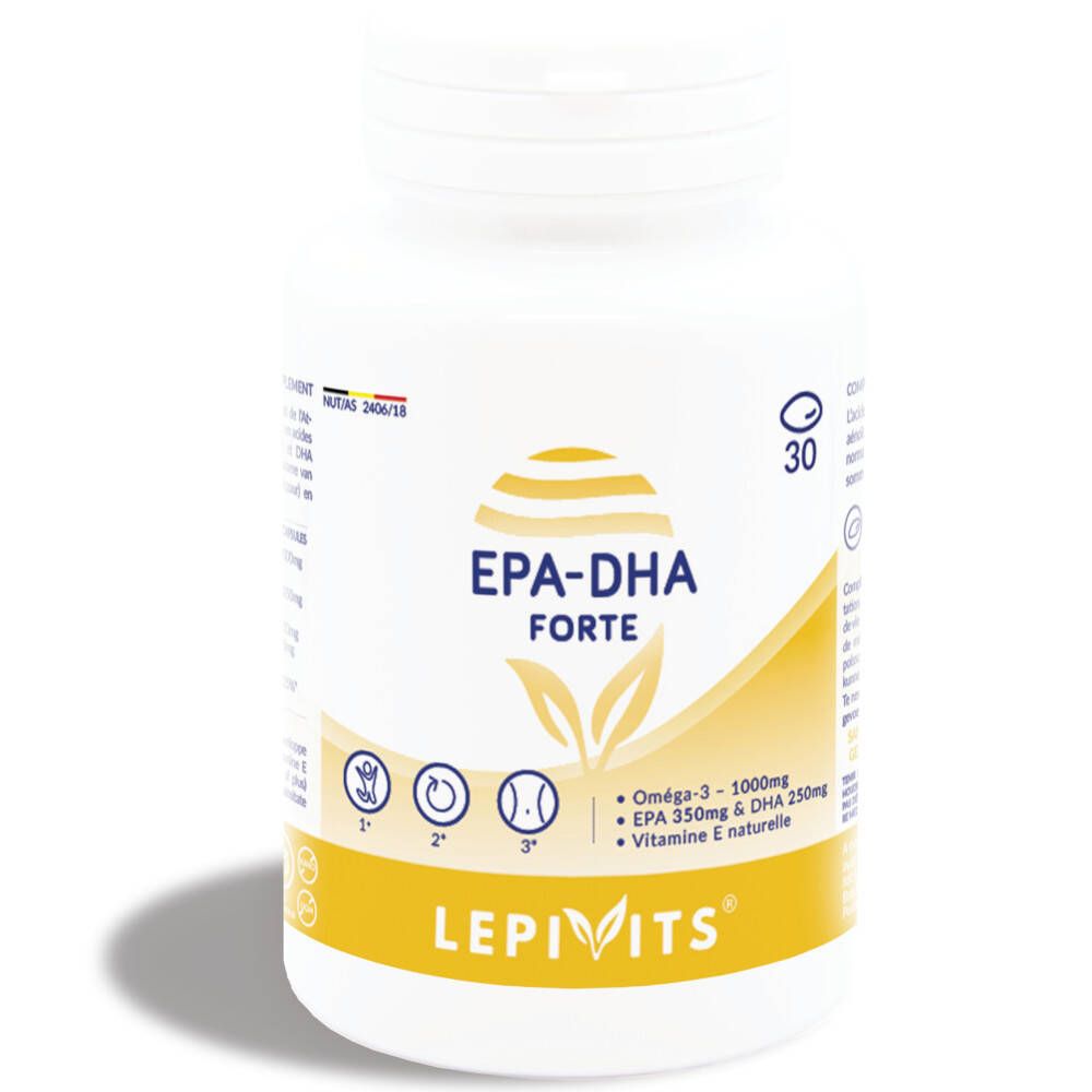 Flacon blanc de LEPIVITS EPA-DHA FORTE. Étiquette jaune avec informations nutritionnelles et logo.