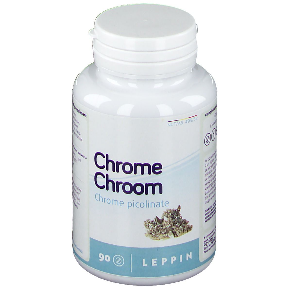 Flacon blanc avec bouchon à vis. Inscription: Chrome Chroom, Chrome picolinate. 90 comprimés. Marque Leppin.