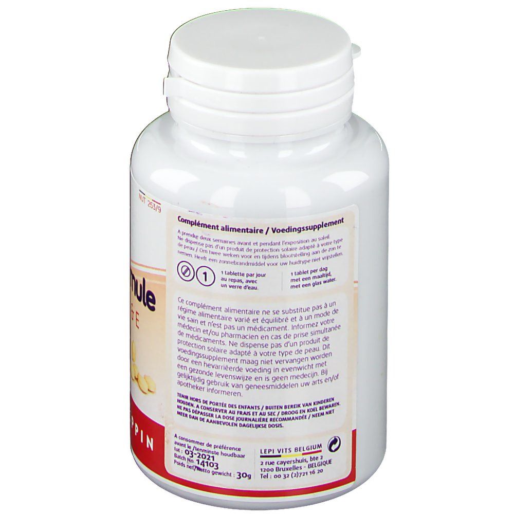 Dos d'un flacon blanc avec capsules. Texte: Complément alimentaire. Informations d'utilisation. Marque: Leppin.