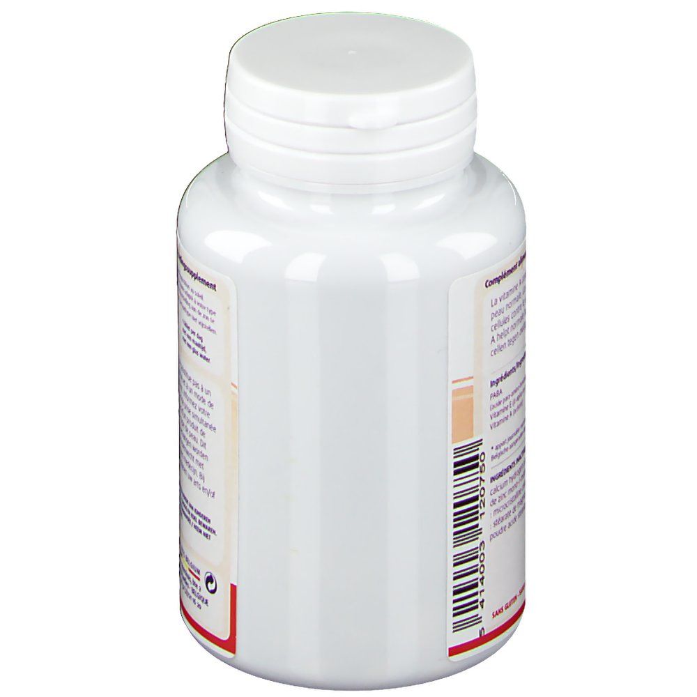 Vue latérale d'un flacon blanc avec capsules. Texte: Complément alimentaire. Marque: Leppin.