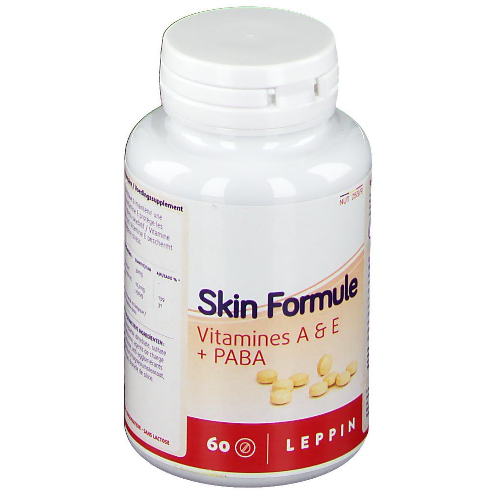 Flacon blanc avec capsules. Inscription: Skin Formule, Vitamines A & E + PABA. 60 capsules. Marque: Leppin.