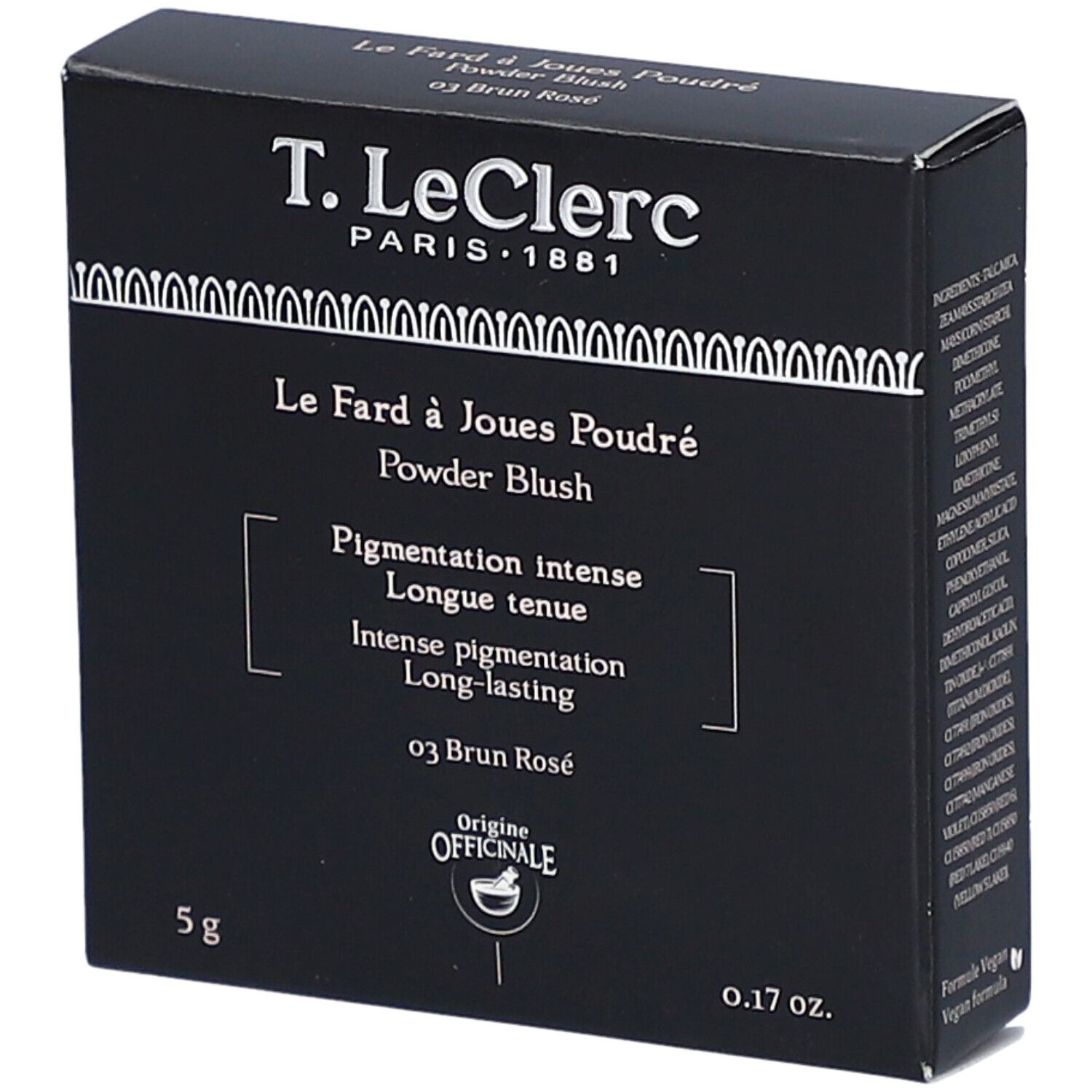 Boîte noire T. LeClerc, Poudre Blush, 03 Brun Rosé. Ingrédients et informations. 5g, 0.17 oz.