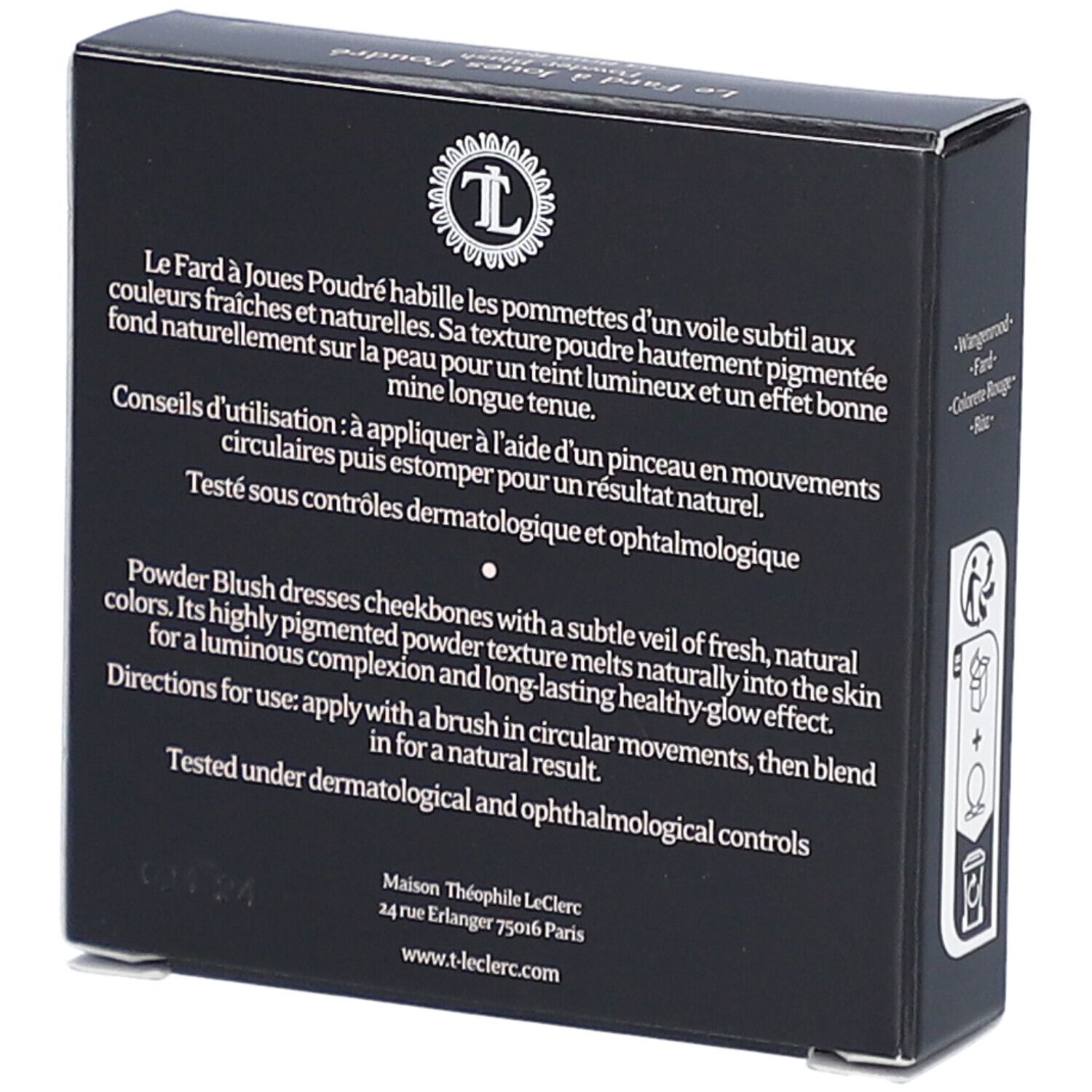 Dos de la boîte noire. Texte: Powder Blush, conseils d'utilisation, testé dermatologiquement.