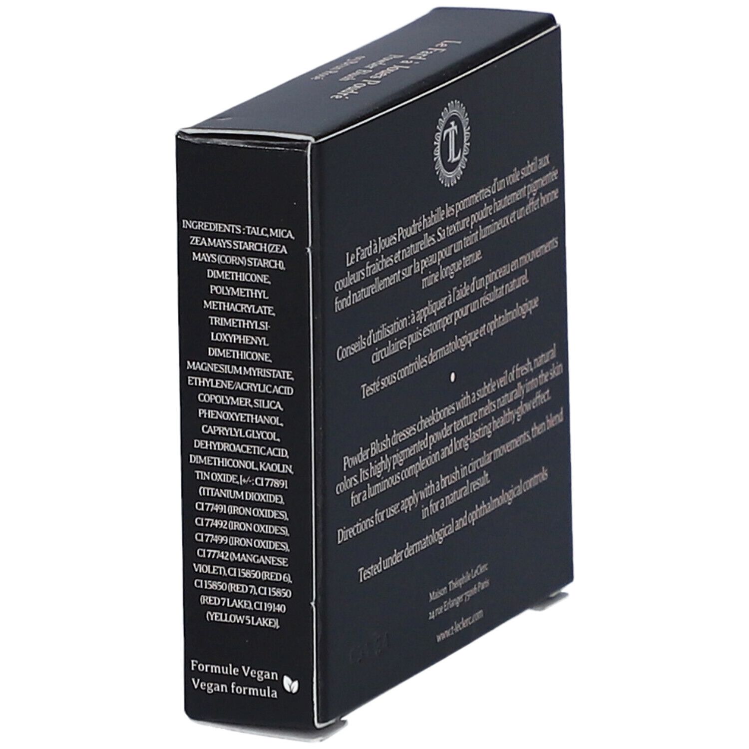Boîte noire, ingrédients: Talc, Mica, etc. Formule vegan.