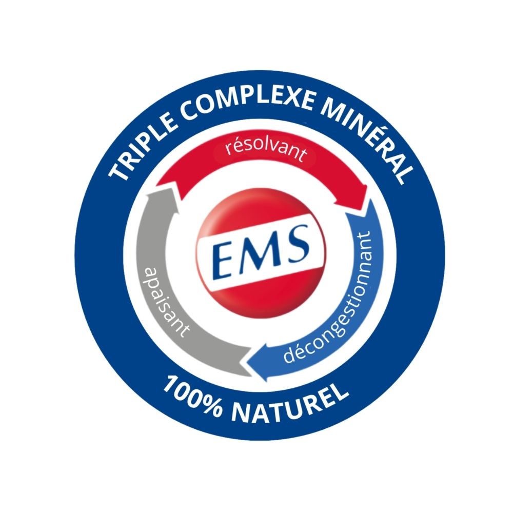 Logo rond avec cadre bleu, flèches et texte : Triple Complexe Minéral, logo EMS, 100% Naturel.