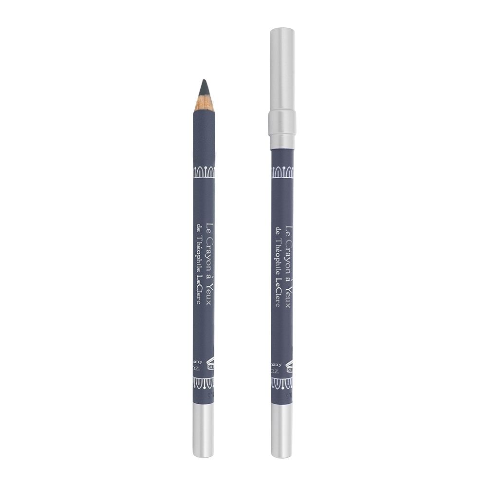 Crayon pour les yeux T.LeClerc. Un crayon taillé et un crayon fermé, bleu foncé avec des accents argentés.
