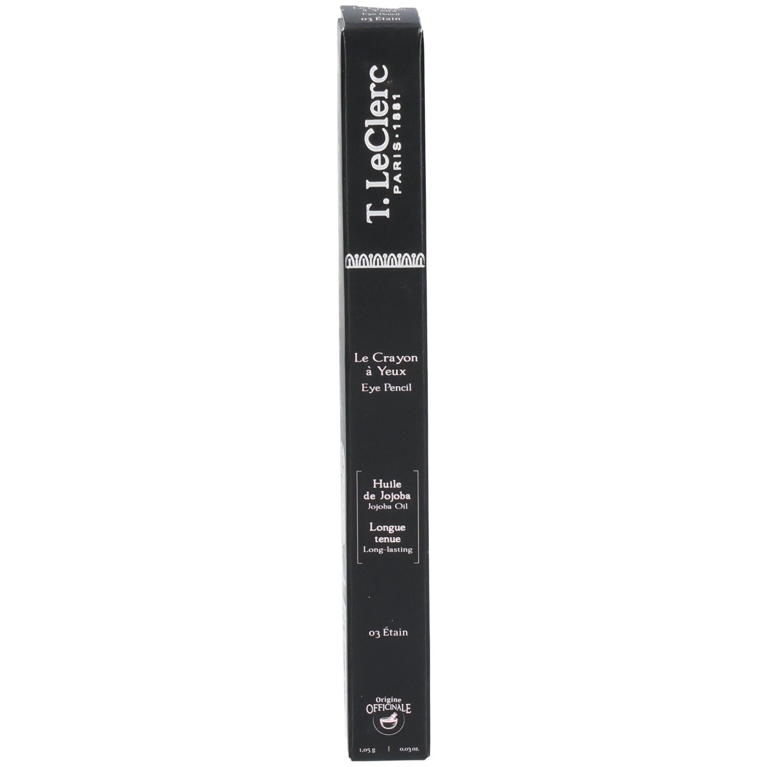 Crayon pour les yeux T.LeClerc noir dans un emballage rectangulaire. Texte: Le Crayon à Yeux, Eye Pencil, Huile de Jojoba, Longue tenue.