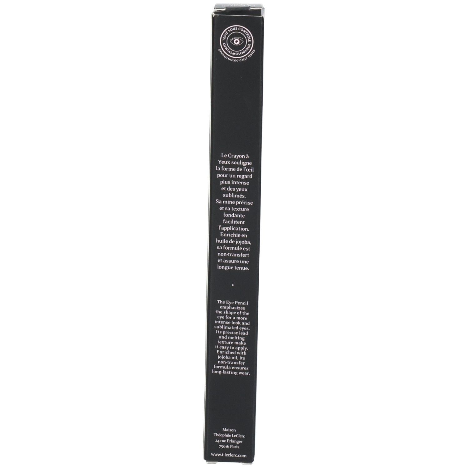 Emballage noir du crayon pour les yeux T.LeClerc. Texte: Le Crayon à Yeux, The Eye Pencil, Longue tenue. Logo: Officine. Site web.
