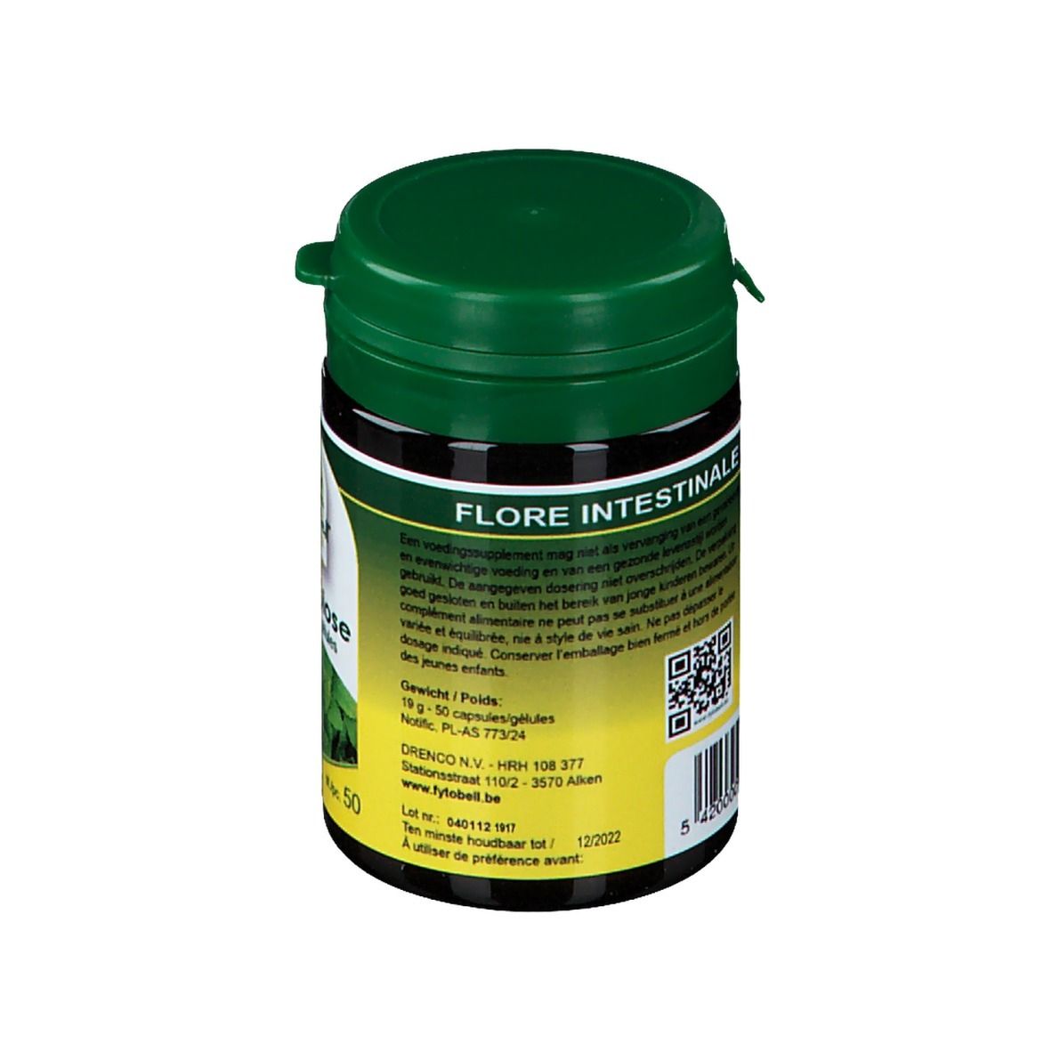 Boîte verte avec couvercle noir. Inscription : Flore Intestinale. Code QR et texte sur l'étiquette.