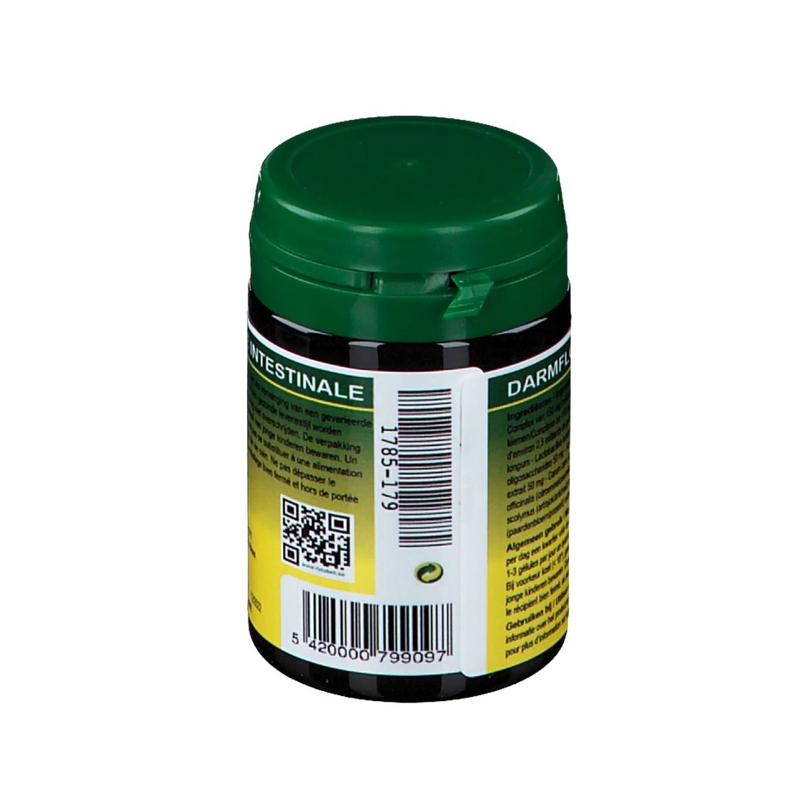 Boîte verte avec couvercle noir. Inscription : Intestinale, Darmflora. Code-barres et texte sur l'étiquette.